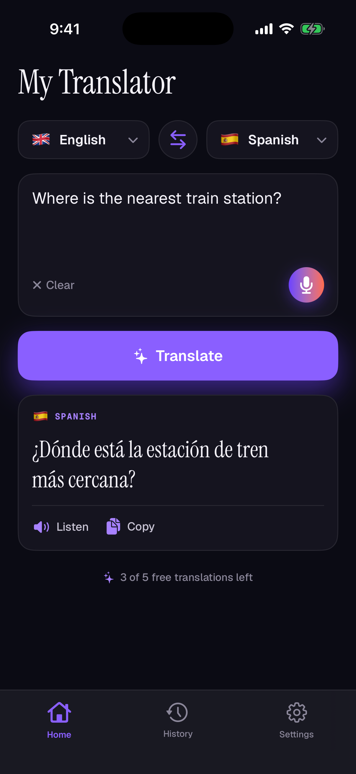 Translately app — translating English to Spanish